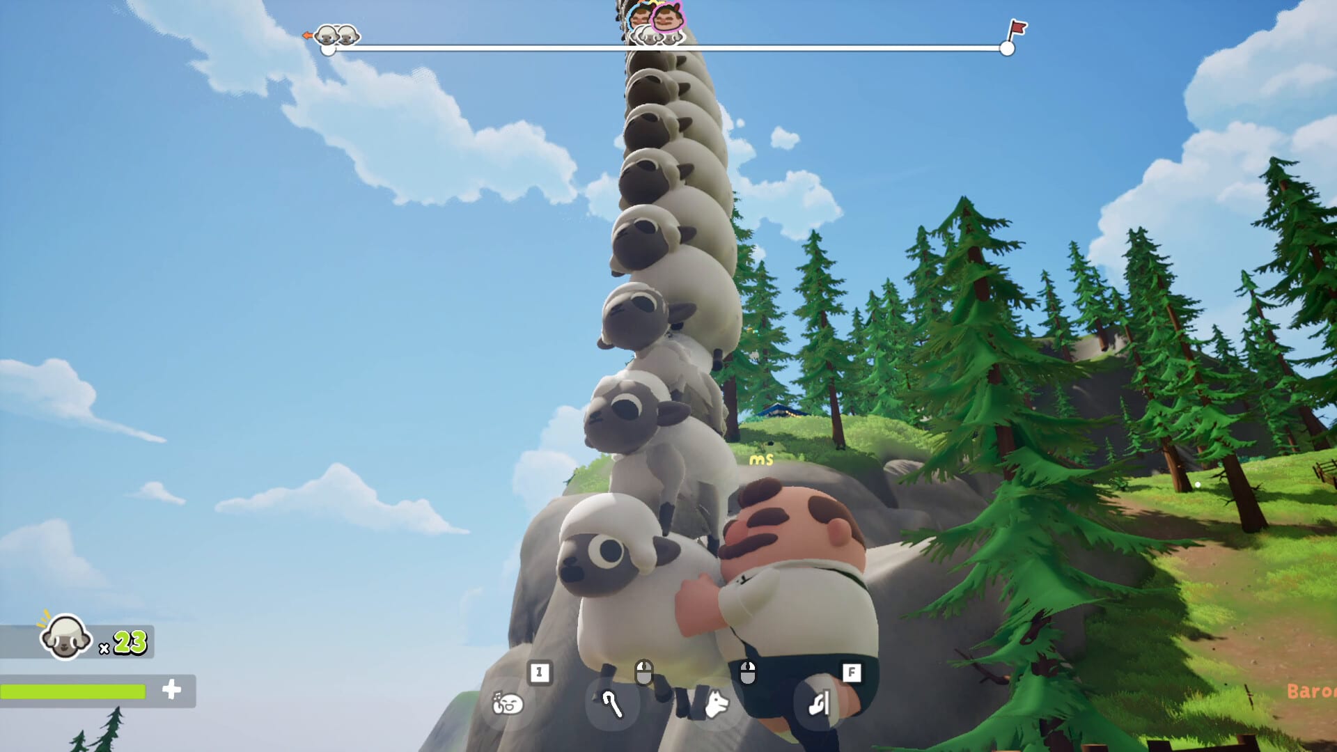 A wobbly tower of sheep stacked on top of each other, rising far into the sky beside a rock face, with a farmer in lederhosen propping up the bottom.