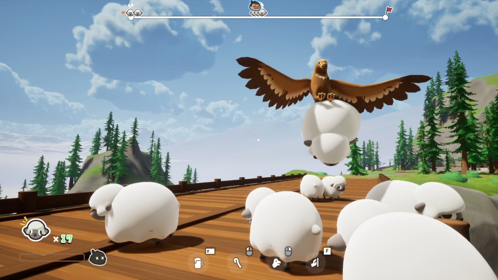A golden eagle flying off with a sheep in its talons above a wooden boardwalk while the rest of the flock walks below, pine forest and snowy peaks behind.