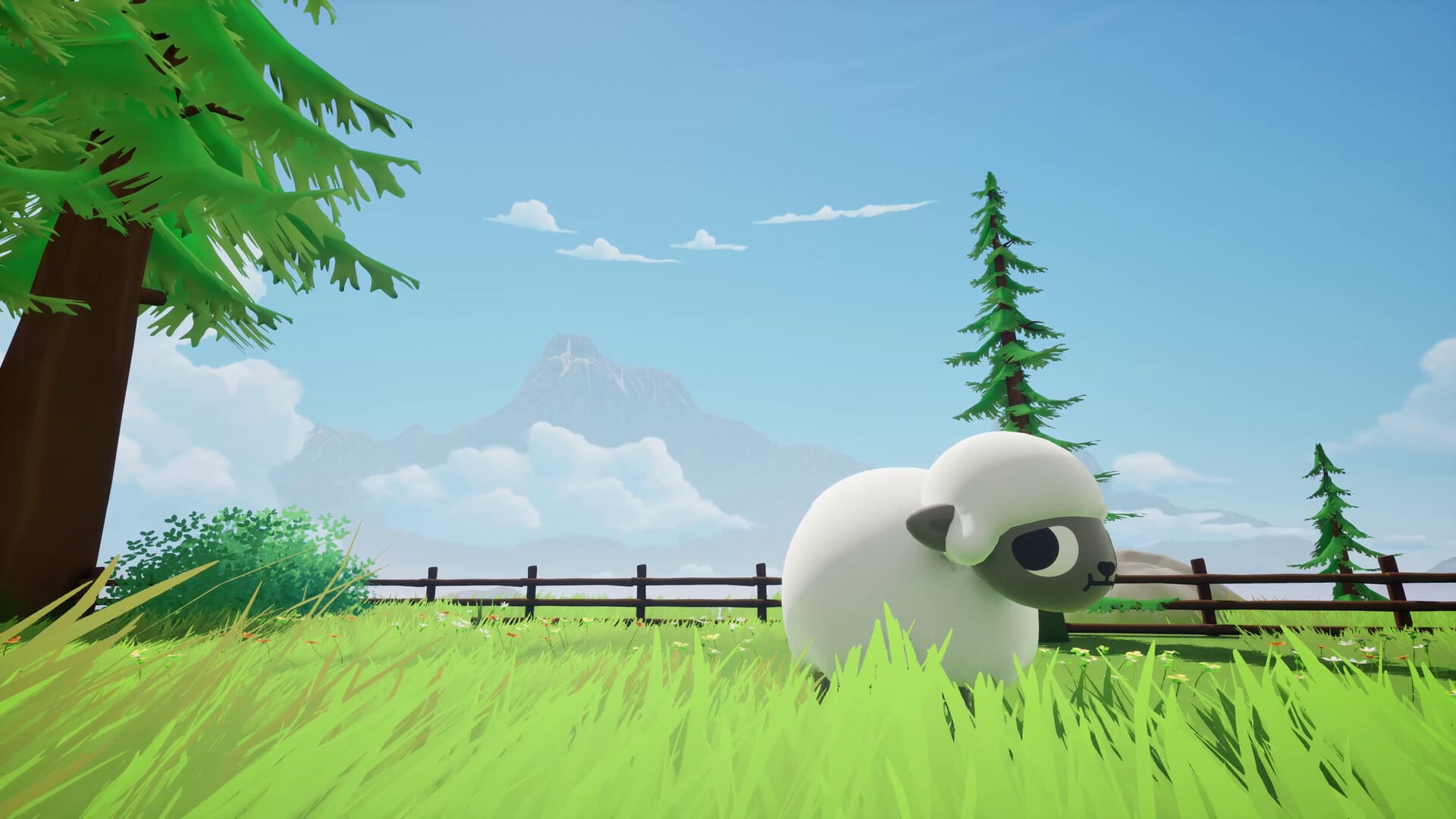 A single round sheep standing in tall grass beside a wooden fence, with pine trees and a distant snowy mountain behind.
