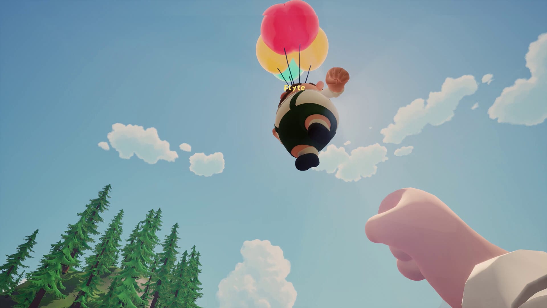 Looking up at a farmer drifting away into a blue sky under a bunch of pink, yellow and teal balloons, while another player reaches after them.