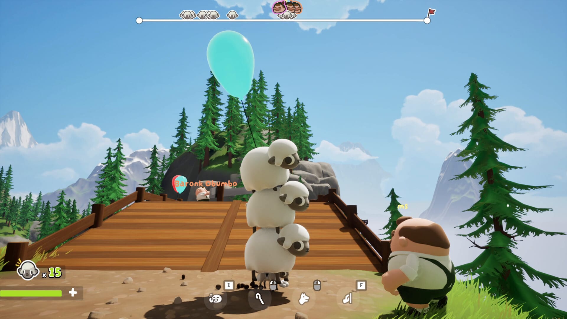 Three sheep stacked into a tower on a wooden deck, the top one tied to a teal balloon, with a farmer in lederhosen watching from the side.