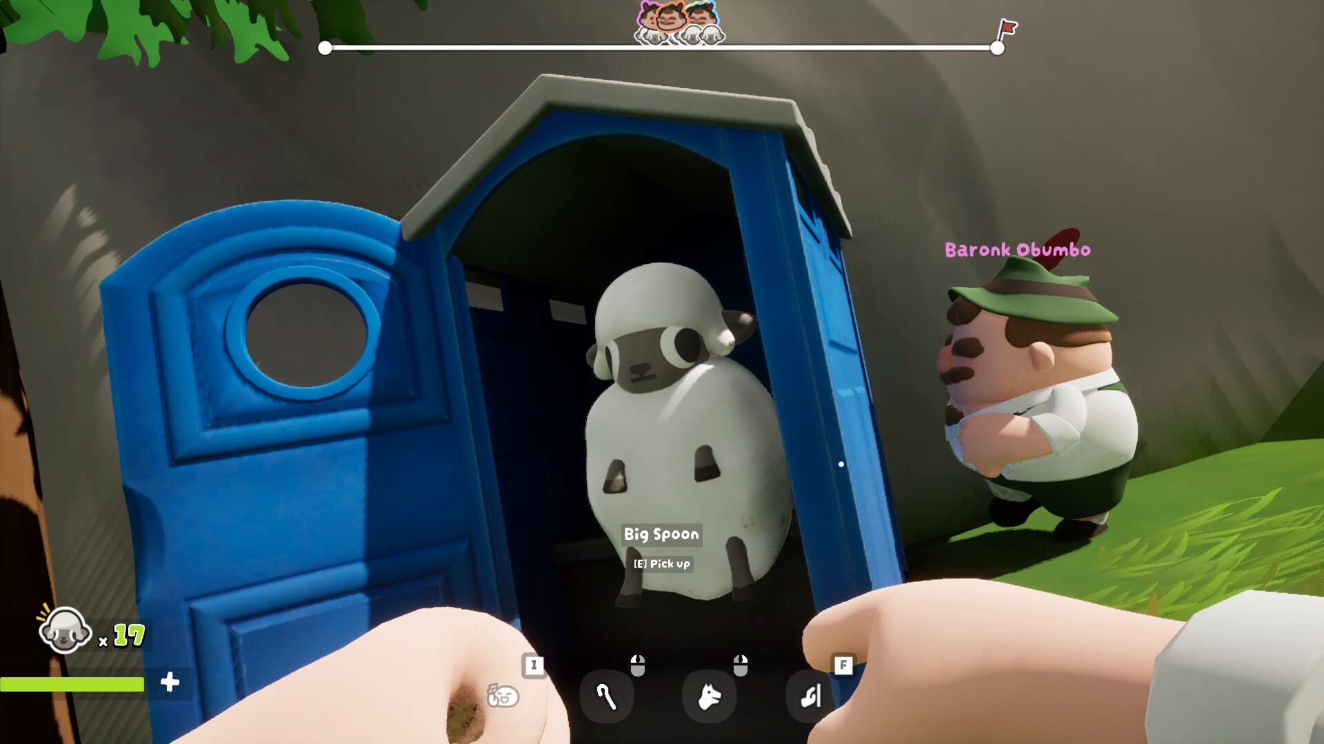 A sheep standing inside a blue portable toilet with the door wide open, a farmer in a green hat waiting outside.